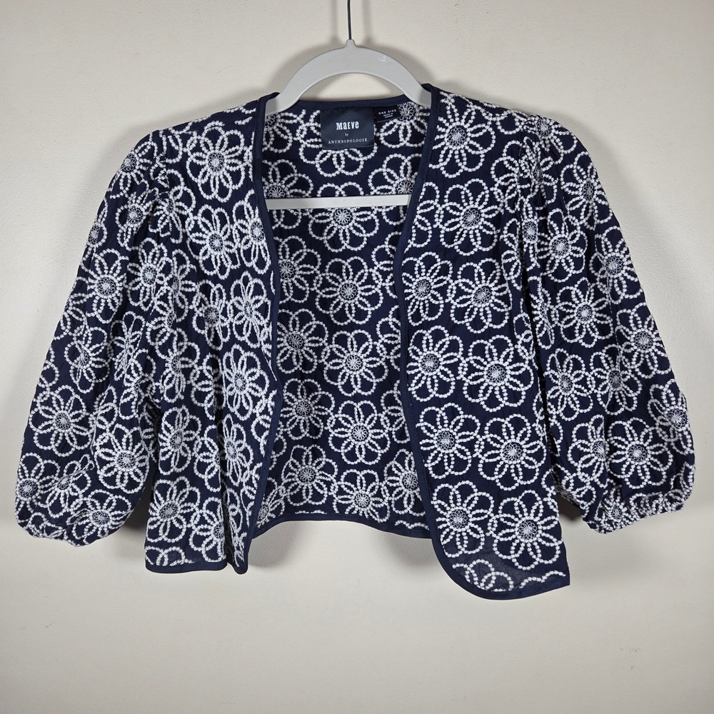 Maeve Anthropologie Bolero Shrug Womens OS Navy White Floral Embroidered Cropped